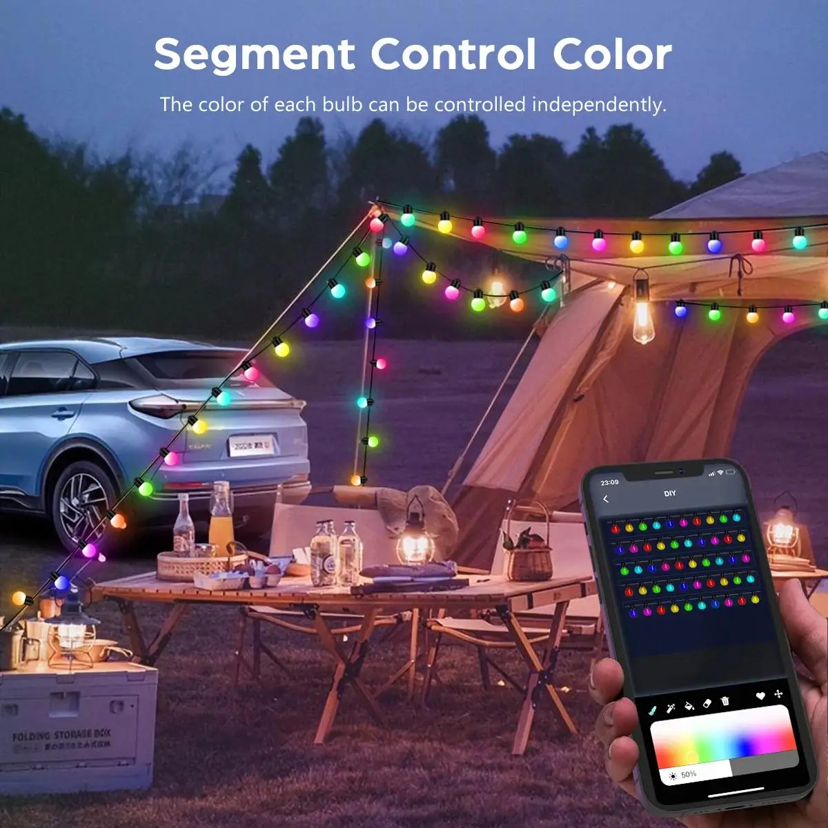 USB Bluetooth RGB LED String Light, guirlanda de acampamento ao ar livre, lâmpadas globais, Fairy Lights para jardim, decoração de festa, APP, 5m, 10