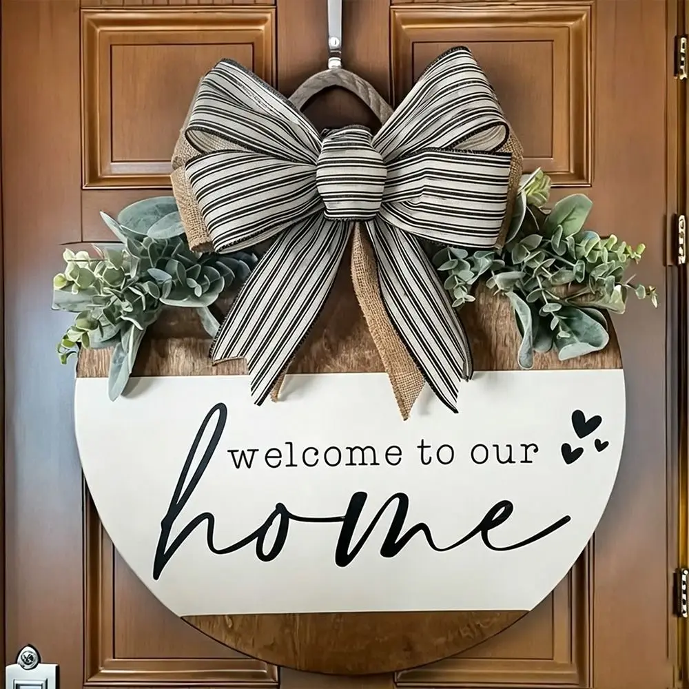 Durable 2D Flat Wooden Door Sign Floral Pattern Solid Wood Door Wreath Bow Pattern Hanging Wooden Board Spring Summer Decor