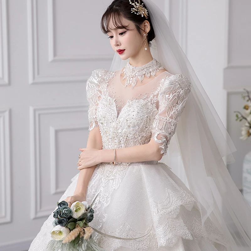 2024 ใหม่หรูหราชุดแต่งงานแขนสั้นลูกไม้ Applique ชุดเจ้าสาวชุดบอล Vestido De Noiva PLUS ขนาดที่กําหนดเอง