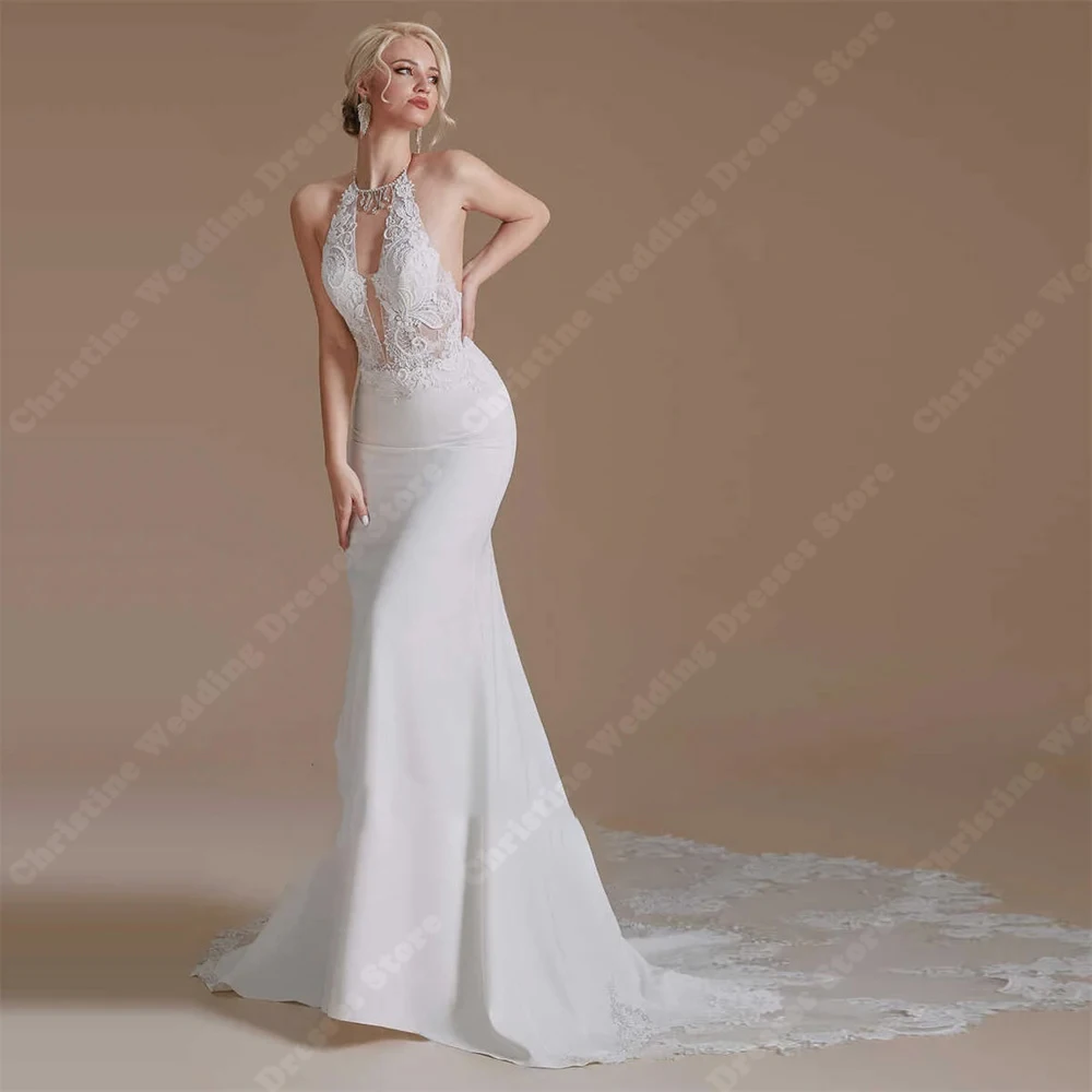 Elegant Sexy Deep-V Women Wedding Dresses Lace Printing Sleeveless Boho Party Gowns Mopping Length Custom Made Vestidos De Novia