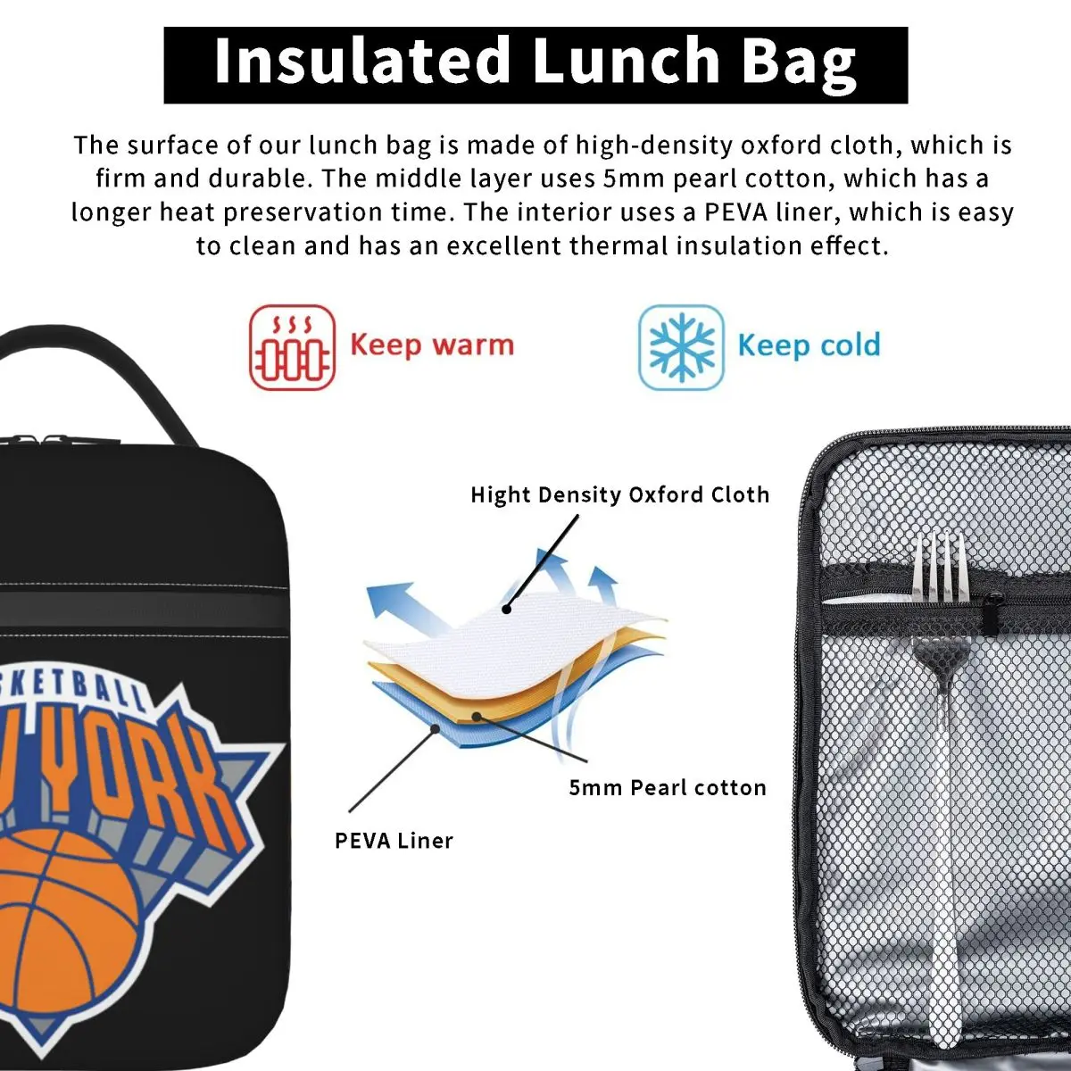 New York Basketball Insulated Lunch Bag for Women Children Portable Food Boxes Thermal Lunch Box Tote