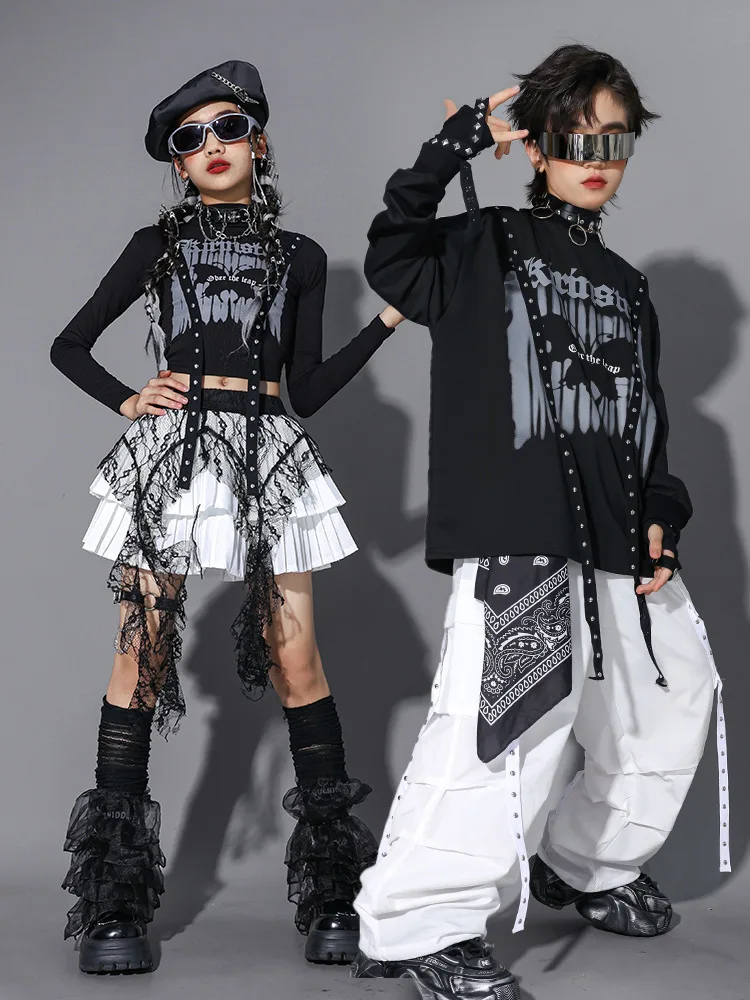 2026 Boys Hip Hop Costume Set Letters Sweatshirt Vest Cargo Pants Girls Group Jazz Street Dance Clothes Kids K-pop Streetwear