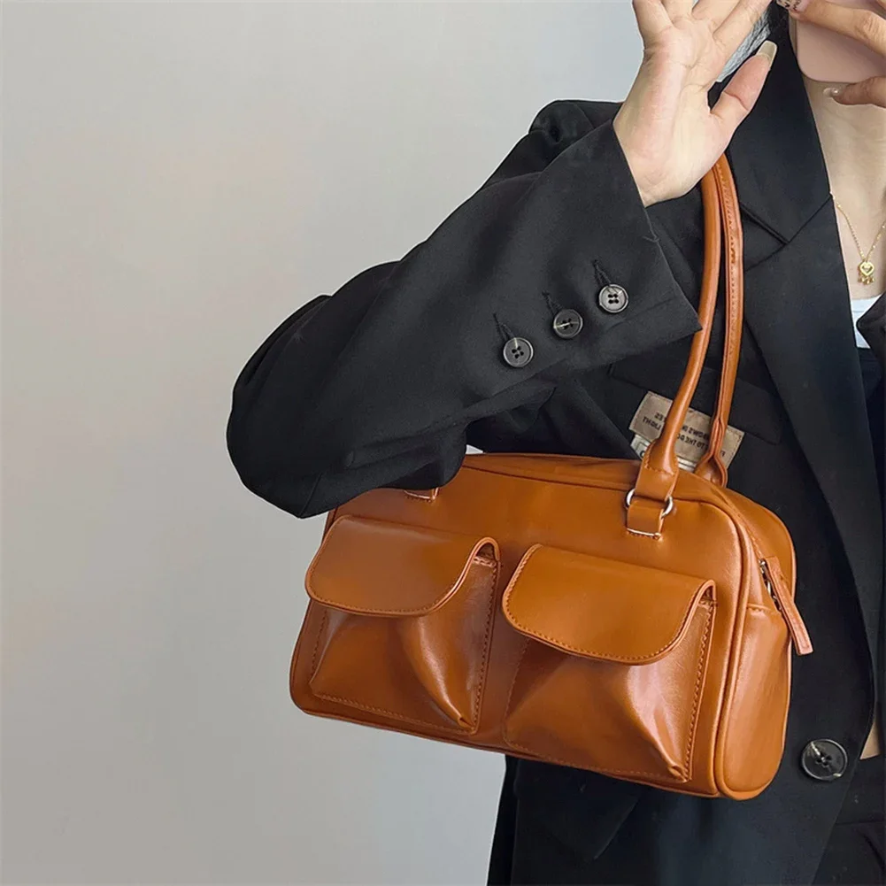 Women Multi Pocket Purse Fashion Zipper Shoulder Bag Casual Leather Tote Handbag Versatile Large Capacity Commuting Bag