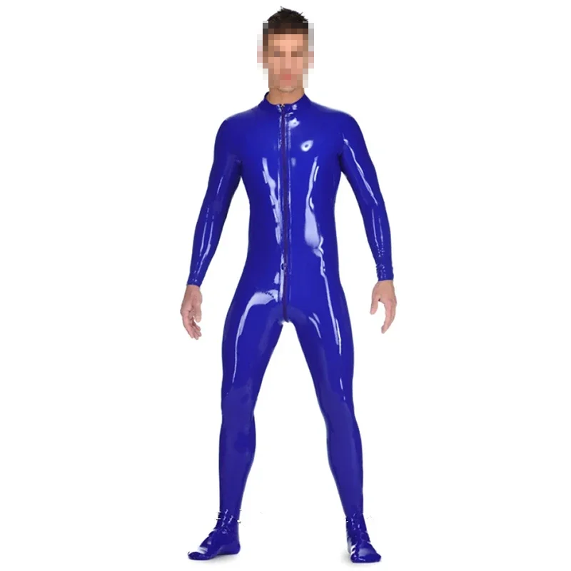 Dark Blue Sexy Men Latex Catsuit Rubber Gummi Bodysuits Socks with Front Crotch Zipper