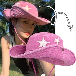 Women Punk Pink Stars Western Cowboy Hat Foldable Y2K Summer Denim Outdoor Hiking Hats Fisherman Hat with Sun Protection Cap