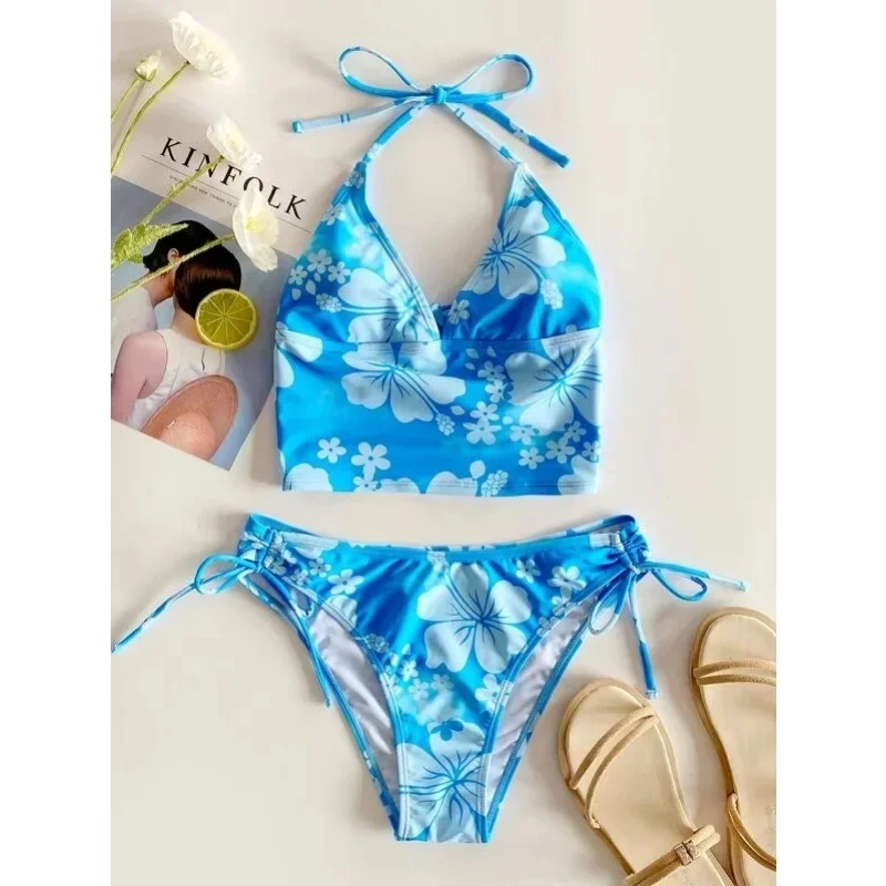 

Floral Pattern Bathing Suit Women's Split Bikini Set V Neck Halter Side Lace Up Swimsuit 2025 New Swimming Two Piece Beachwear