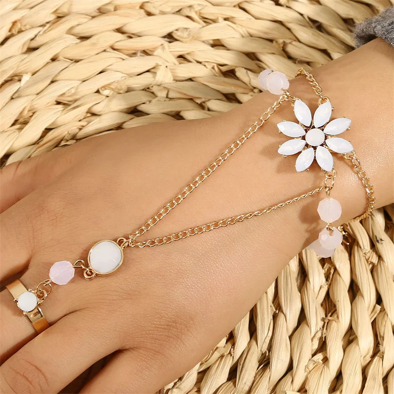 Light Luxury Black Zircon Flower Connected Finger Ring Bracelets For Women Red Green Flowers Link Chain Bracelet Party Jewelry