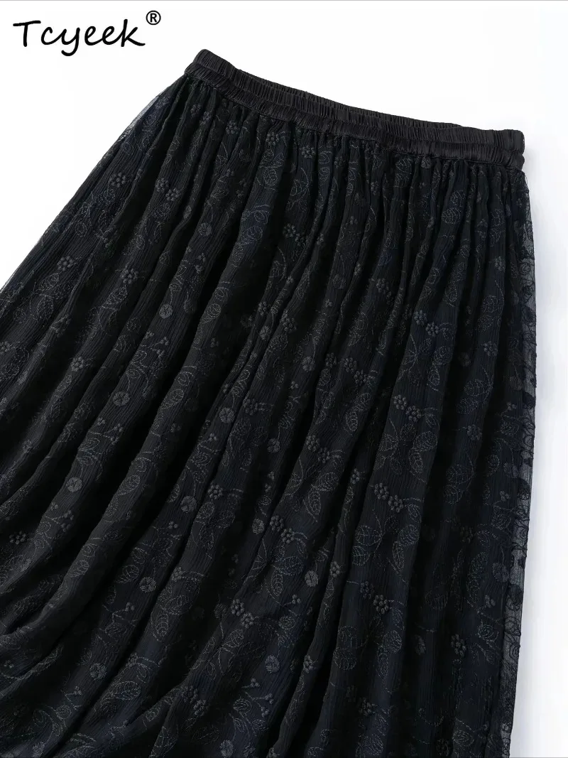 Tcyeek 100% Real Silk Women Skirts 2026 Spring Elastic Waist Flowing Embroidered Black Skirt Ladies Clothing Faldas Para Mujeres