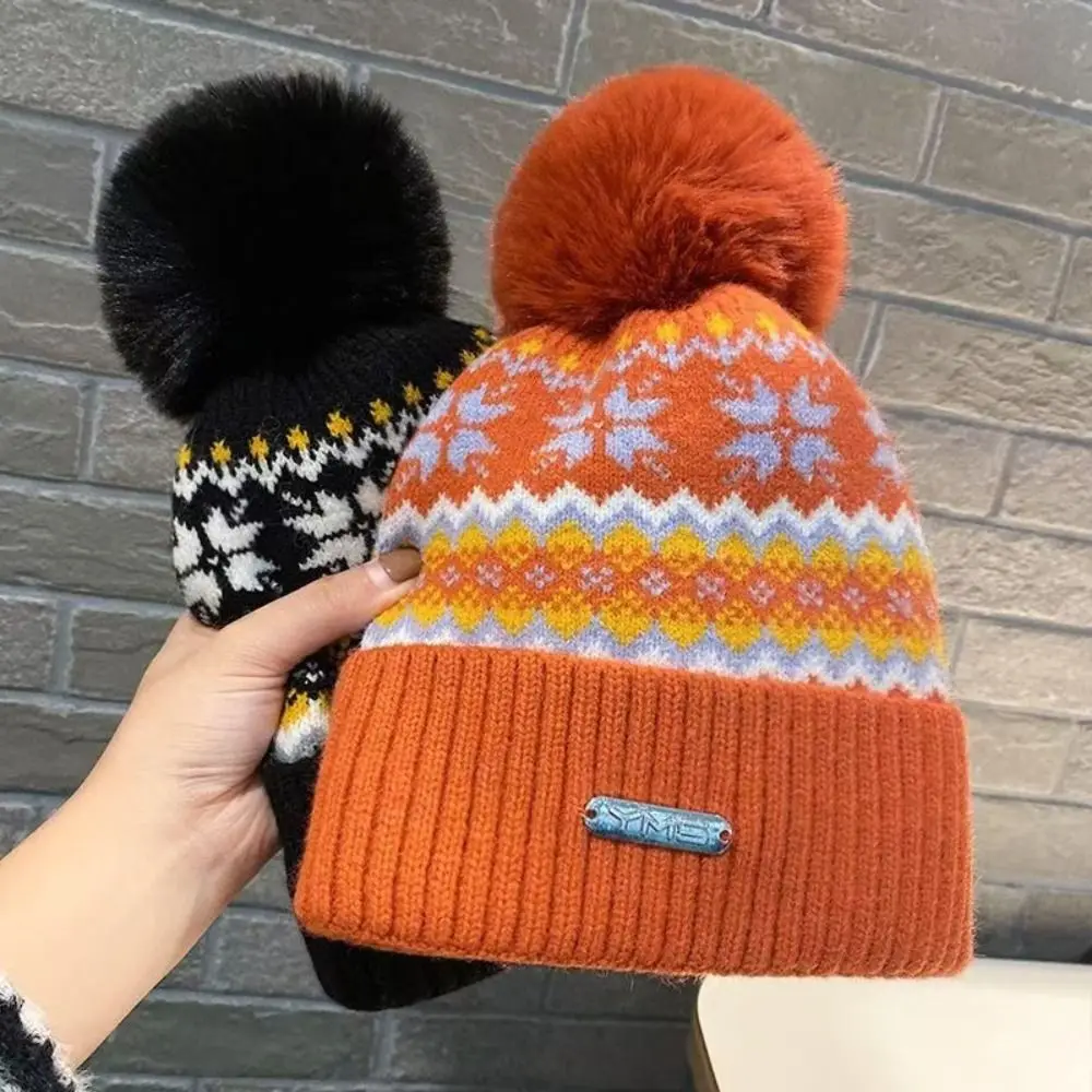 Soft Thicken Knitted Beanie Cap Pom Pom Decoration Windproof Velvet Hat Snowflake Pattern Warm Lining Casual Beanie