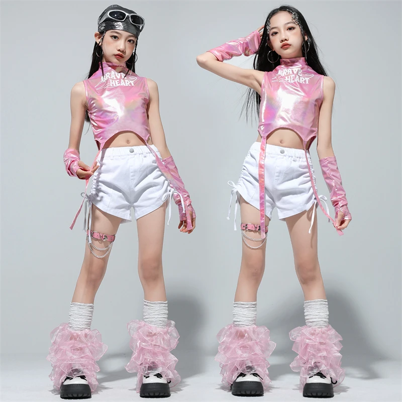 

Танцевальные костюмы в стиле хип-хоп для девочек, розовый блестящий металлический укороченный топ, шорты, детский джазовый наряд K-pop, сценическая уличная одежда, комплект одежды для подиума