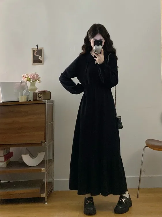 

plus Size Knitted A-Line Dress with Button Detail New Chinese Style Waist-Cinching Slimming Design Autumn Winter Black Dress
