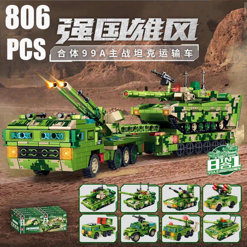

806 деталей, военный конструктор 8-в-1: основной боевой танк 99А, транспортное средство, грузовик. Модель из строительных блоков. Игрушки времен Второй мировой войны. Подарки на день рождения для мальчиков.