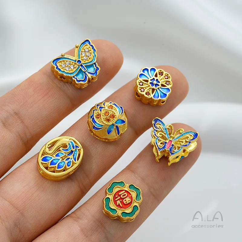 Copper Gold-plated Color Butterfly Auspicious Cloud Lotus Chinese Knot Back Cloud Fu Character Cloisonne Bead DIY Accessories