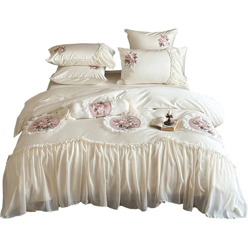 French Romantic Girl Heart 100S Flower Embroidery Four-piece Cotton Chiffon Lace Quilt Cover Bedding