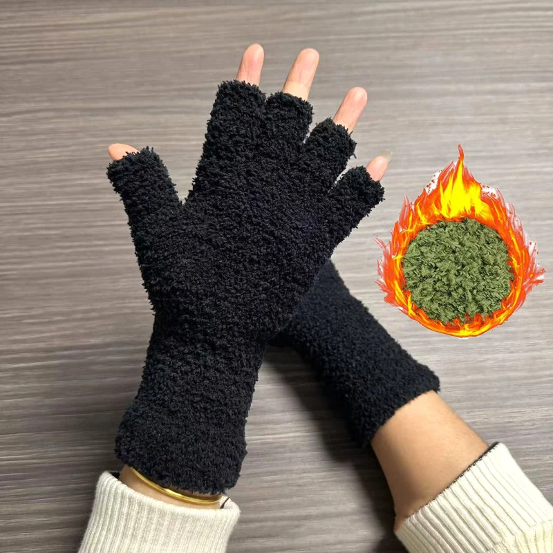 

Soft Plush Gloves Women Winter Thicken Coral Fleece Long Arm Touchscreen Fingerless Glove Warm Half Finger Outdoor Work Mittens