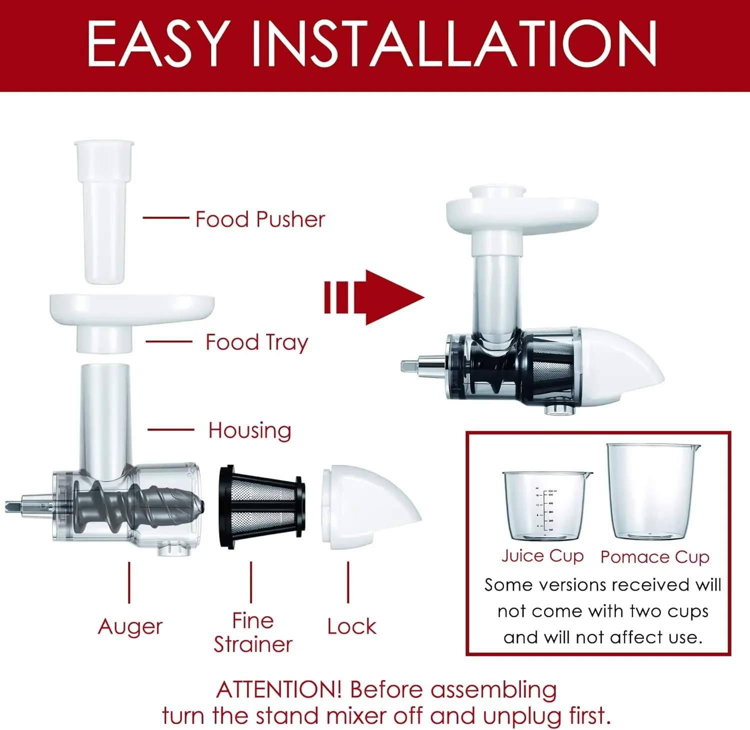 Masticating Juicer Attachment for KitchenAid Stand Mixers White(Machine/Mixer Not Included)