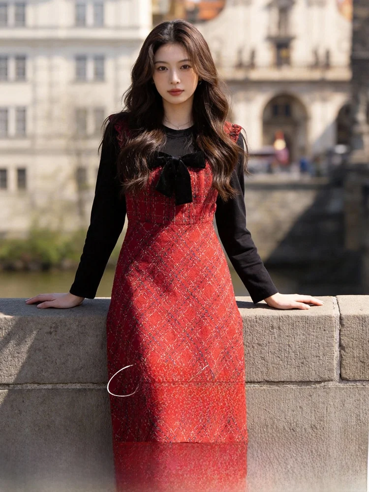 

High Waist Plaid Dr Women's plus Size Spring New Sle Slimming Retro Fake Two-Piece Long Skirt Commute Sle A-Line Dr