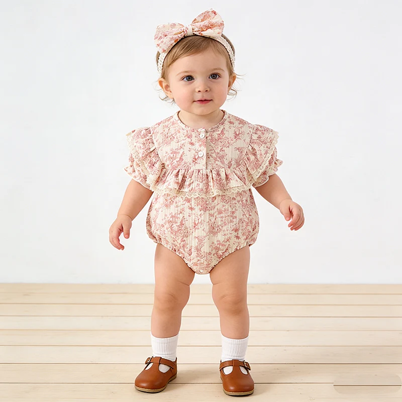 2026 New Summer 0-24M Children Clothes Infant Baby Girls Bodysuits Short Sleeved Cotton Print Toddler Baby Girls Jumpsuit