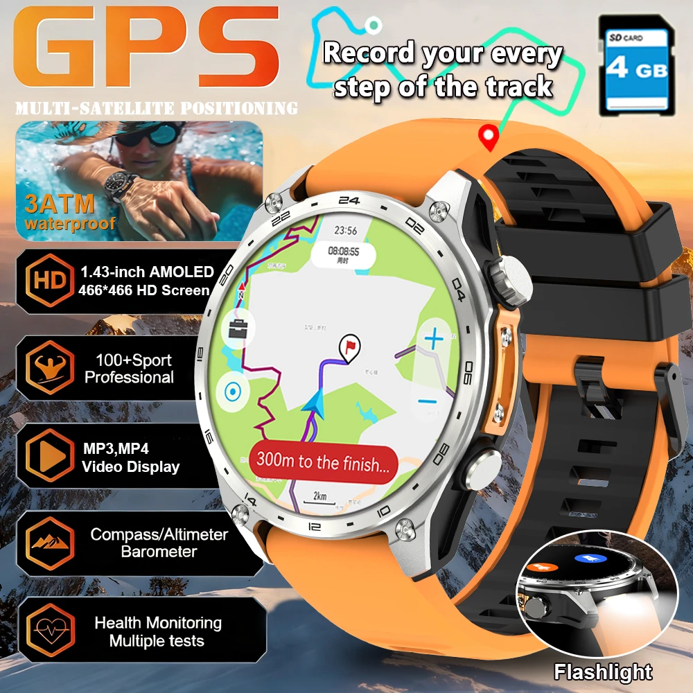 

2026 New Military Grade Men's Smartwatch Built-in GPS BT Call 4GB large memory Altimeter 3ATM Waterproof Sports Smart Watch Man
