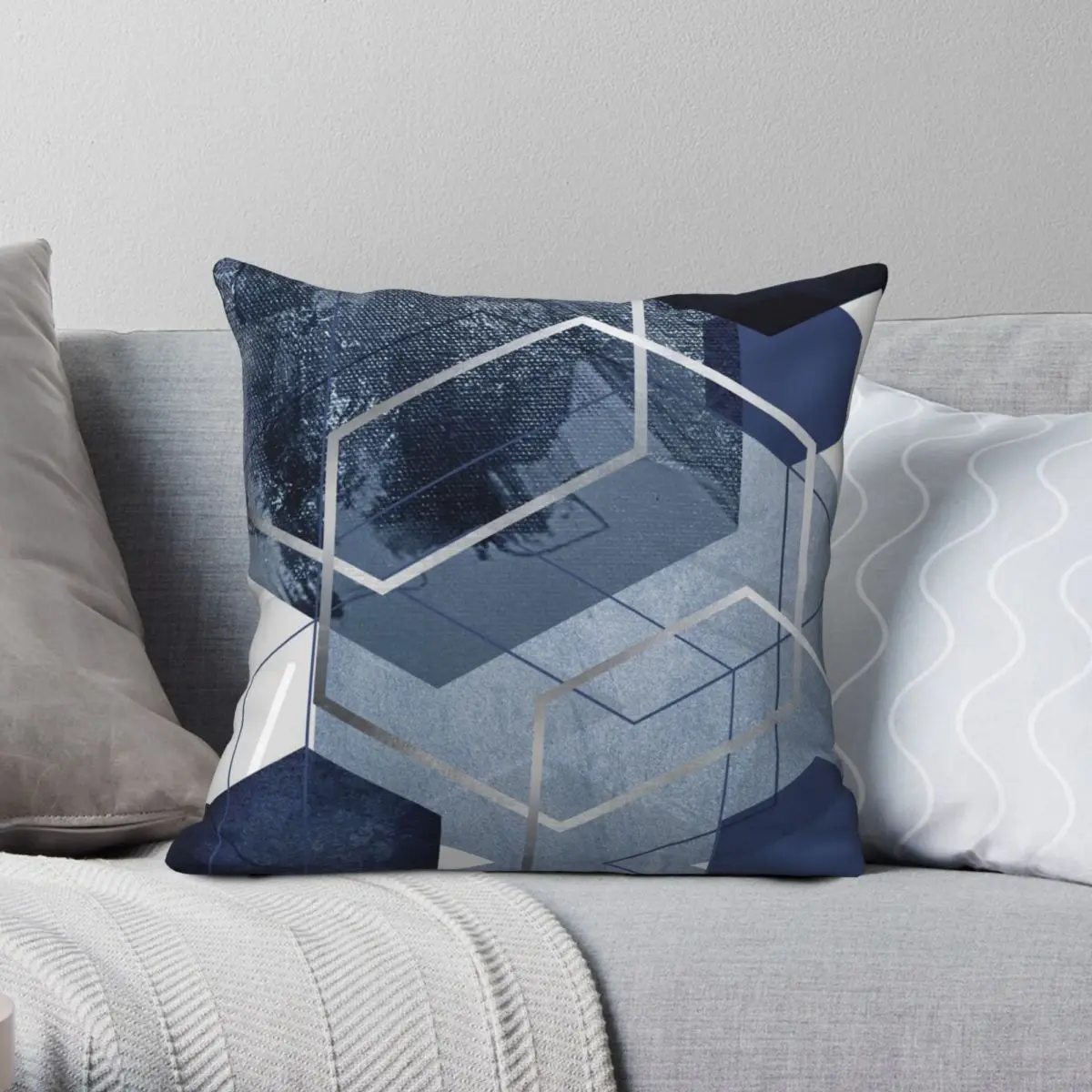 

Blue And Grey Hexagonal Geo Square Pillowcase Polyester Linen Velvet Pattern Zip Decor Sofa Cushion Case