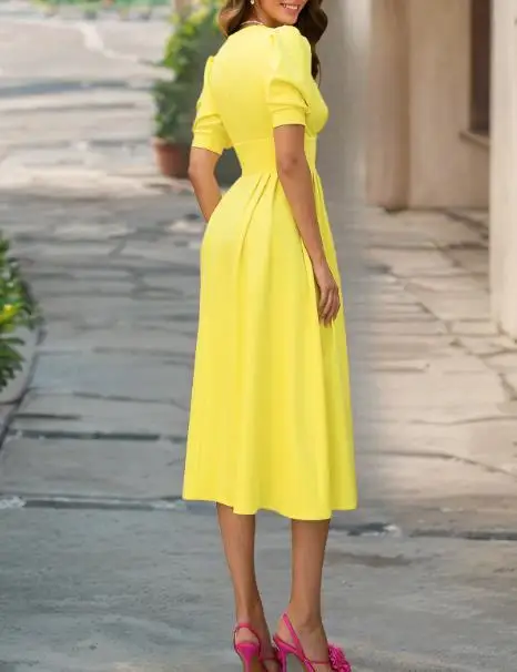 

2025 Vintage Solid Color V-Neck Lantern Sleeve Slim Fit Dress for Summer Women, Elegant Waist Cinched A-Line Short Sleeved Dress