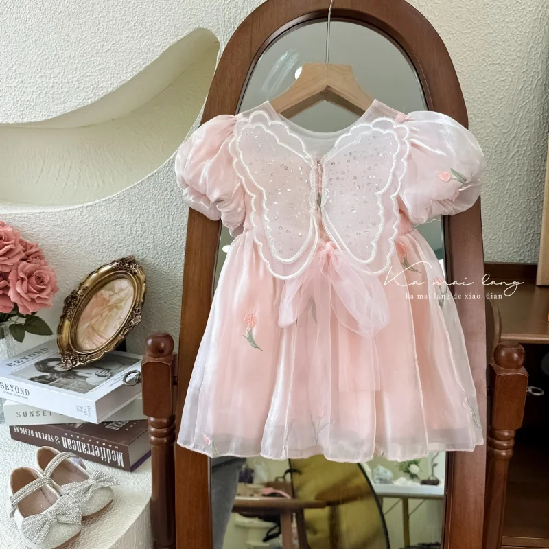 

ZLXZ-Girls' Dress2024Summer New Sweet Tridimensional Sequined Wings Embroidered Flower Puff Sleeve Princess Dress Fashion