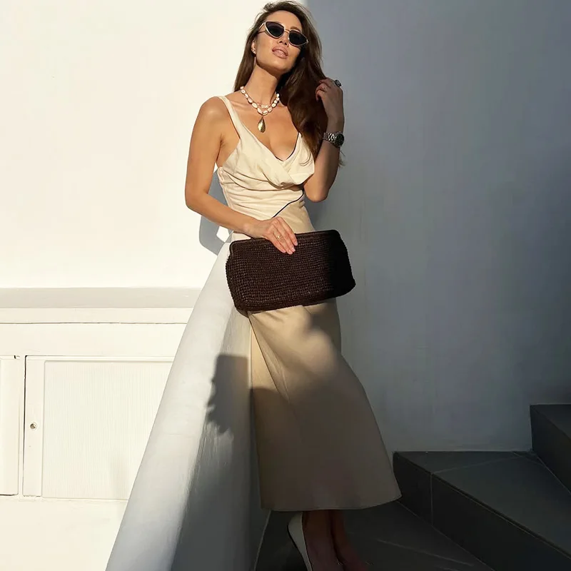 Ticketsx Summer V Neck Patchwork Ruched Sling Dress Contrast Color Backless Slim Dress Elegant Beach Vacation Female Vestidos