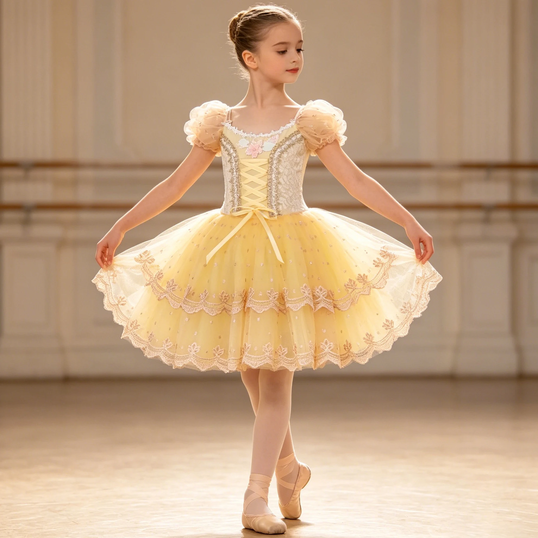 Professionelles Elegantes Ballettkleid Puffärmel Stickerei Pailletten Blumenband Ballerina-Partykleid Kinder Mädchen Tanzkostüme