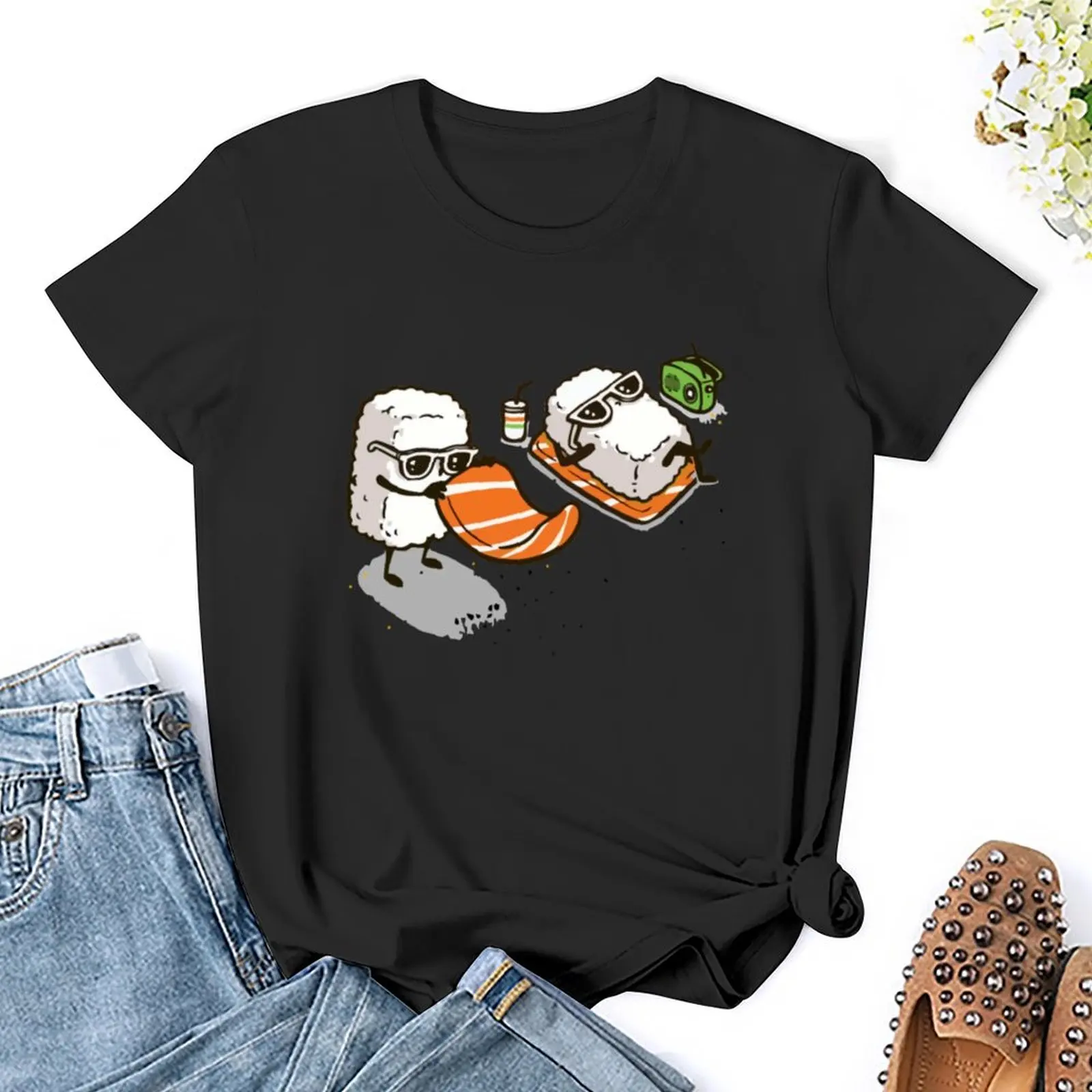 Camiseta de sushi en la playa para mujer, vestido gráfico, top de verano