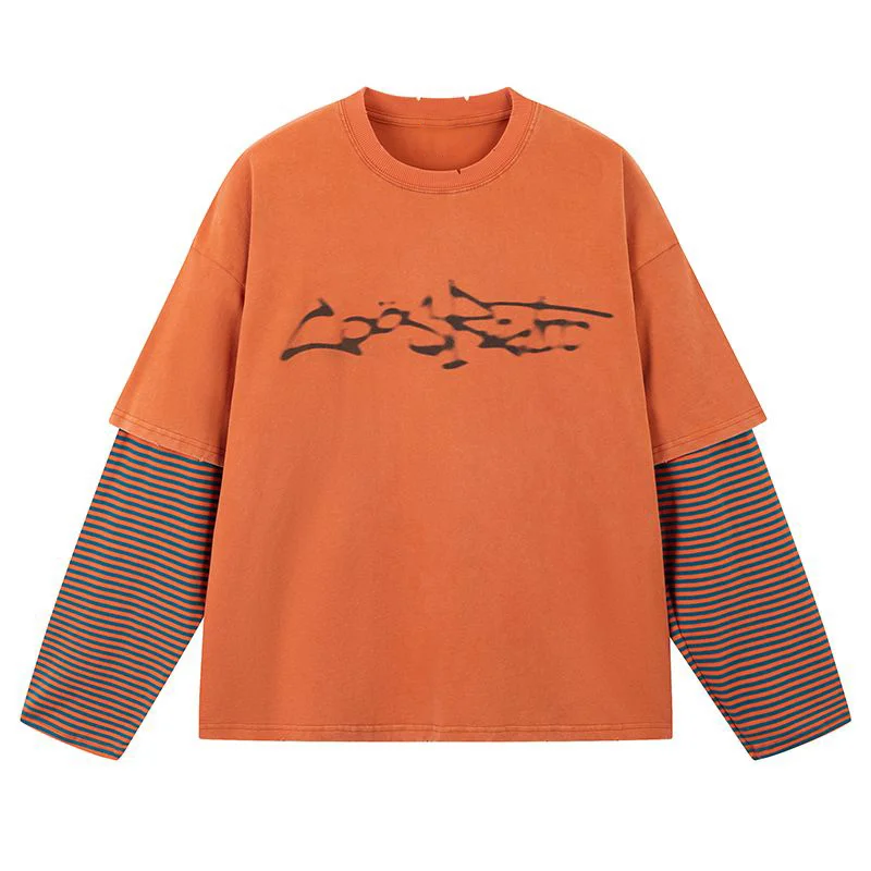 النمط الياباني ريترو فانتوم تي شيرت مطبوع الرجال وهمية قطعتين شريطية طويلة الأكمام البلوز تي شيرت للجنسين فضفاض الهيب هوب القمم