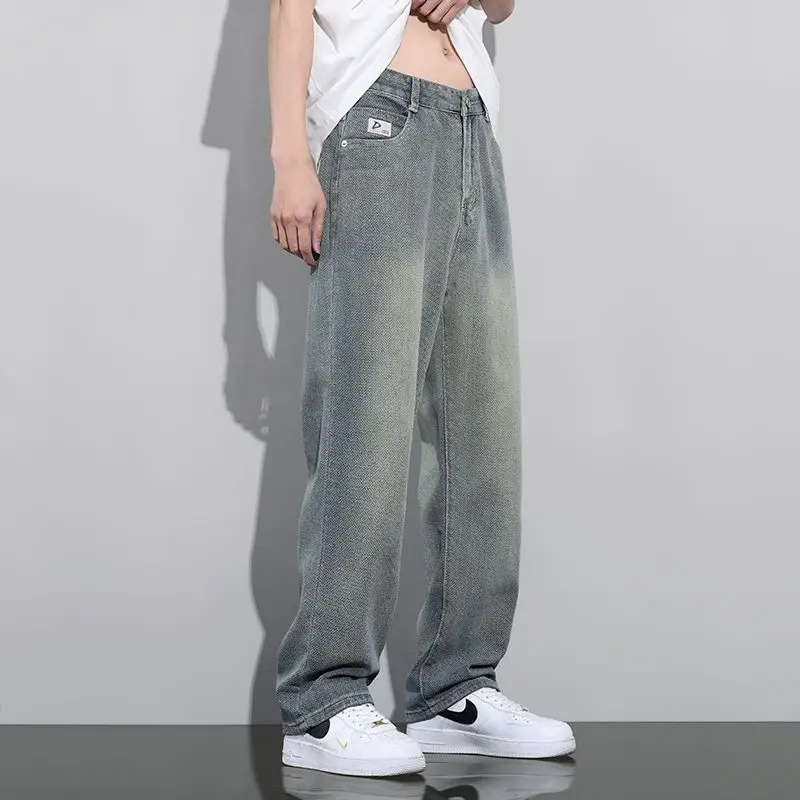 

Корейские джинсы-багги для мужчин, новинка 2026 года, летние, в стиле High Street, ретро, свободные, прямые, уличные брюки, джинсы для мужчин