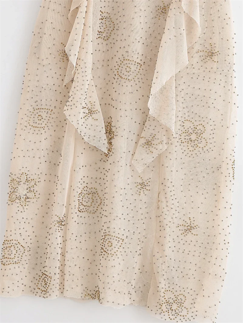 Vestido feminino verão novo estilo luz champanhe em camadas decoração de contas vestido longo sexy alça espaguete design elegante