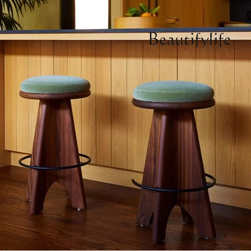 B4 Nordic Minimalist Solid Wood Bar Tall Designer Creative Bar Chair Walnut Bar Stool Retro Island Stool