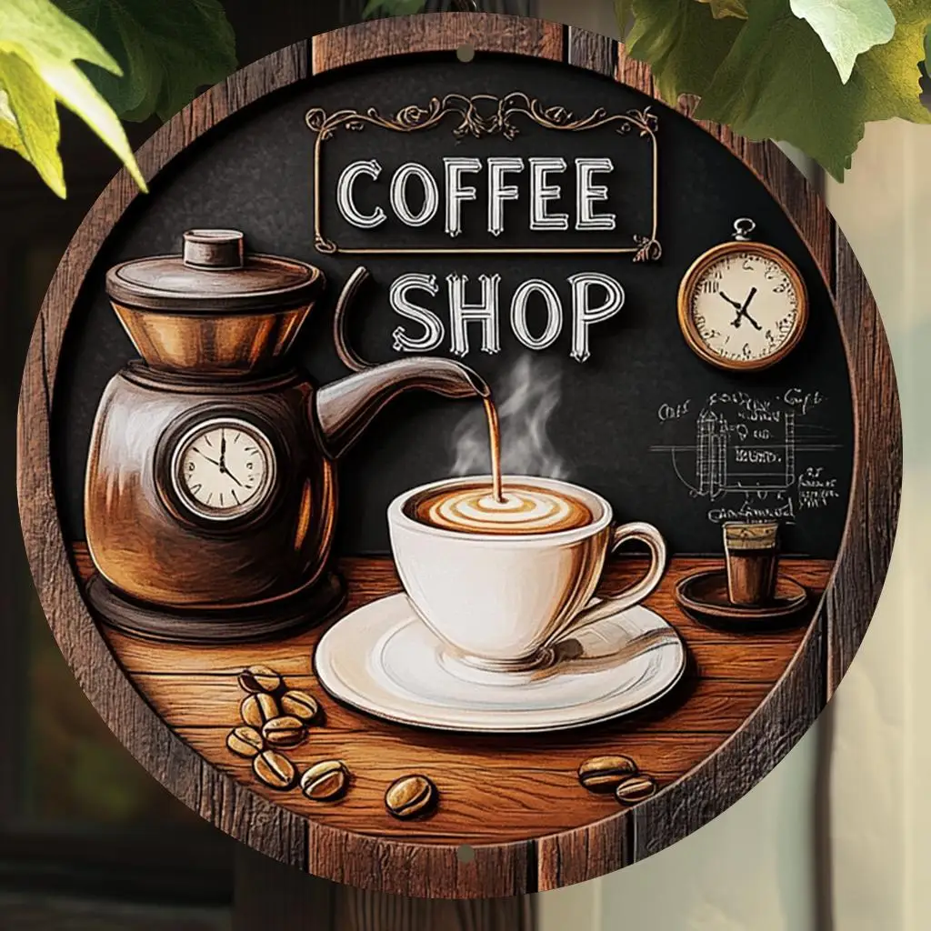 1 Stück runde Aluminium-Wandkunst, Vintage-Metallschild mit Kaffee-Thema, 20,3 x 20,3 cm, Bar- und Küchendekoration, perfektes Geschenk für Freunde, Heimbüro