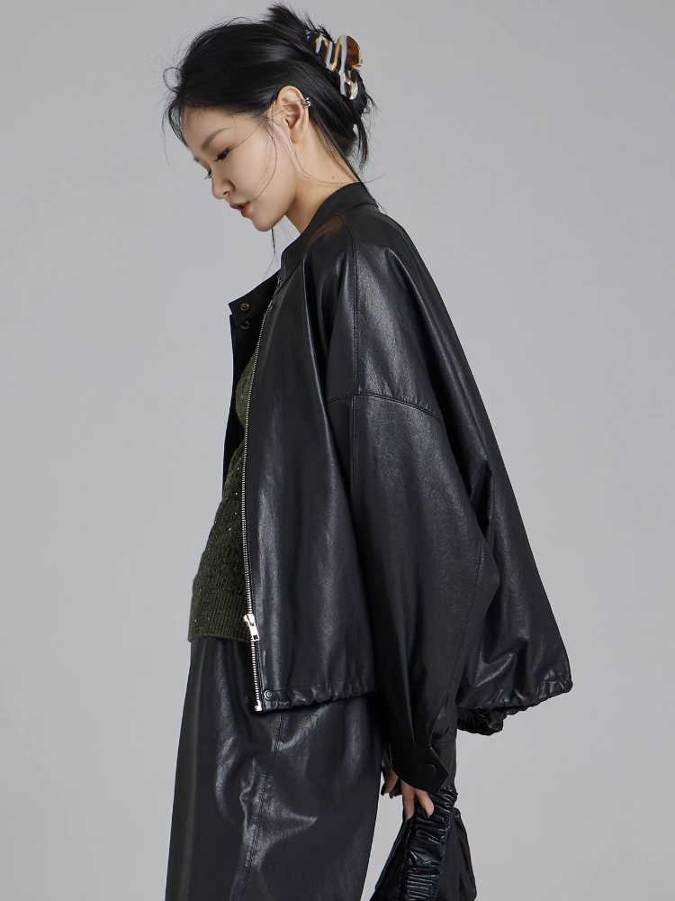 Chaquetas cortas informales de piel auténtica para mujer, abrigo de piel de oveja auténtica negro suave y holgado con cuello levantado Simple de gama alta para primavera y otoño