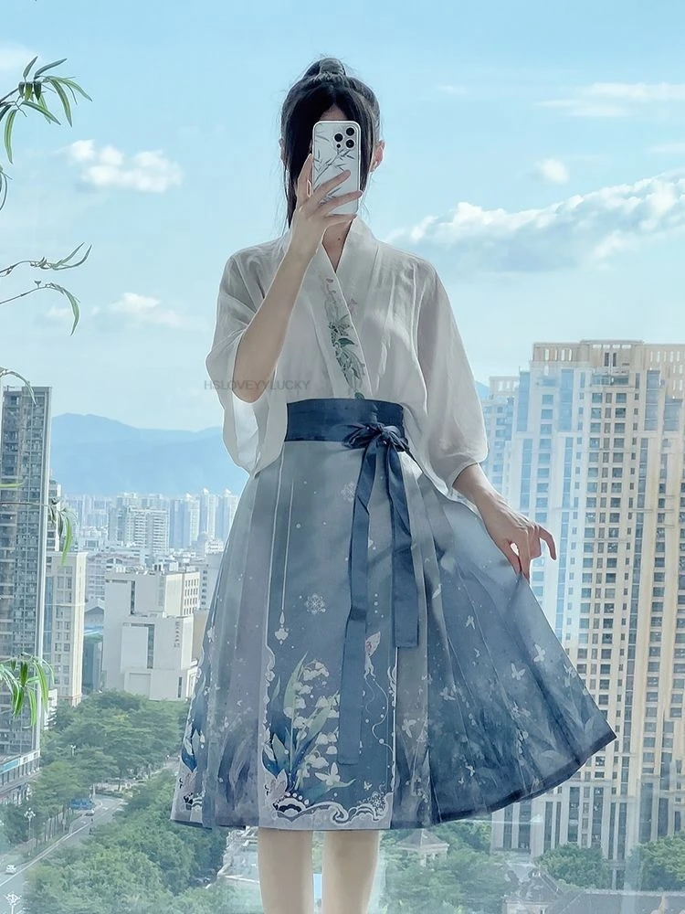 Chinese Style Modern Women Fairy Hanfu Dress Set Girl Improved Female Sweet Two Piece Horce Face Daily  Hanfu Casual Hanfu Set