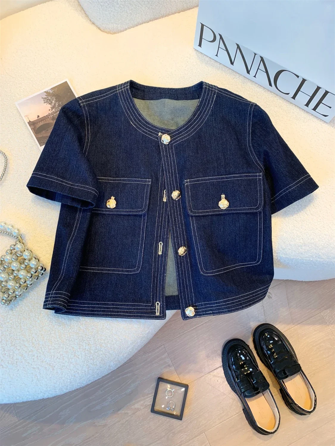 

Retro Denim Short Sleeved For Women's 2025 Summer New French Elegant O-neck Fashion Single Breasted Loose Short Top