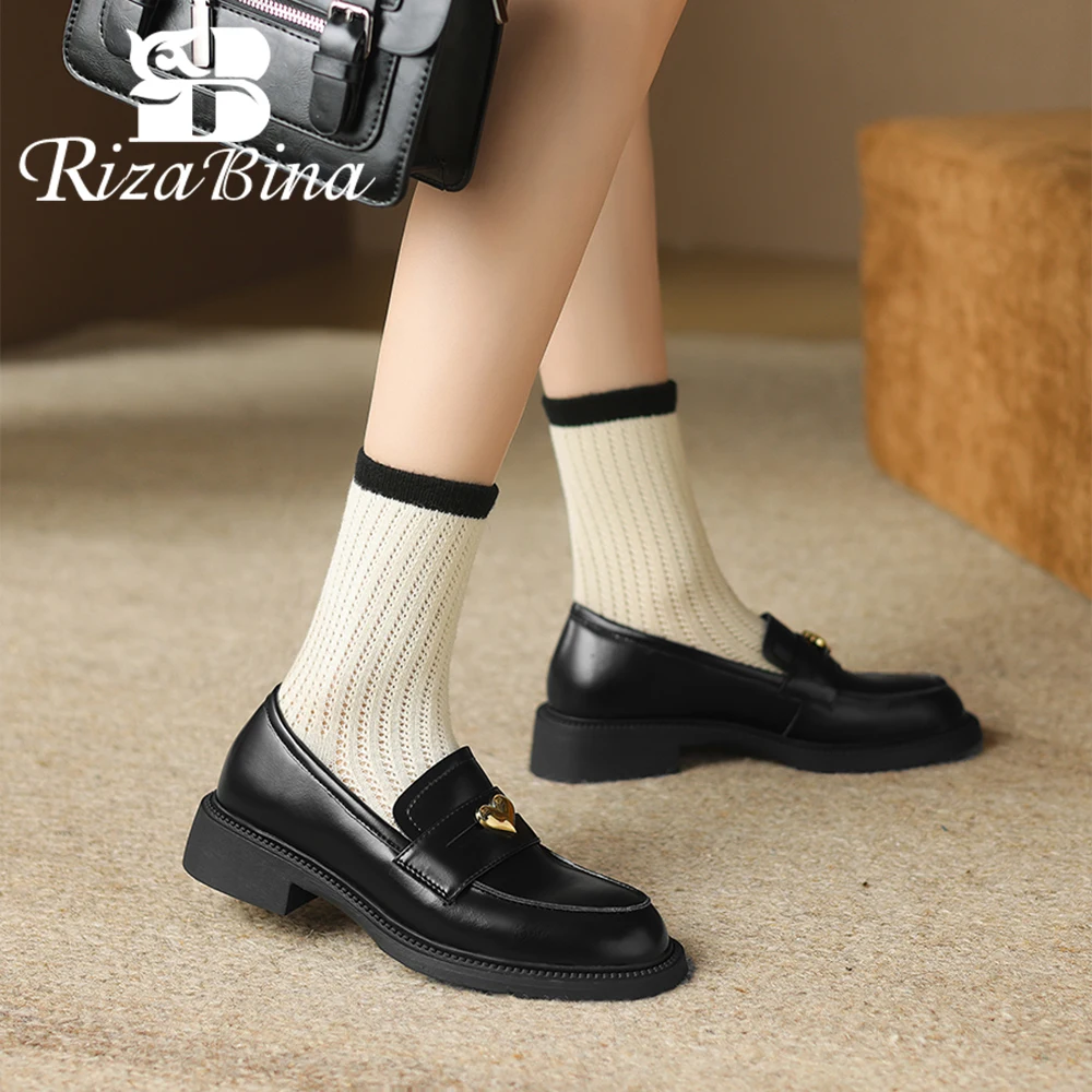 

RIZABINA New Women Loafers Genuine Leather Shoes Round Toe Square Heel Pumps Casual Slip On British Style Students Flat Shoes