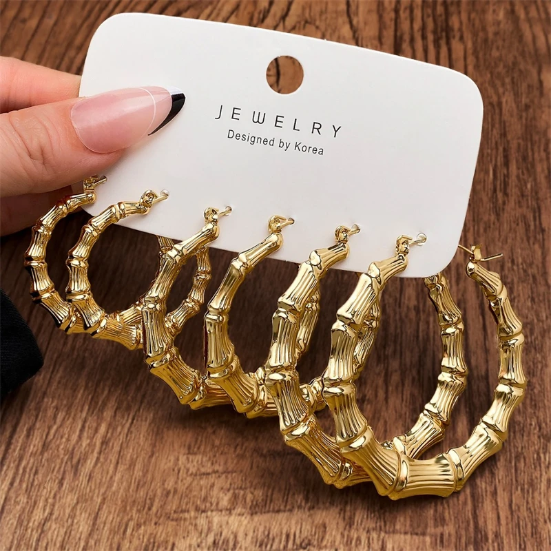 Punk Goldfarbene Große Bambus-Creolen für Frauen Geometrische Große Runde Metall-Ohrringe Übertriebener Partyschmuck Geschenke – Detail 2