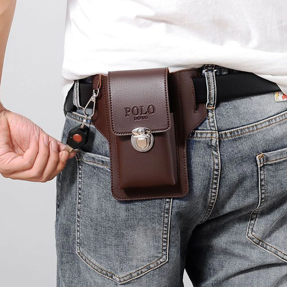 Men Loop Holster Waist Bag Vintage Leather Phone Pouch Bag Multi-compartment Mini Wallet Male PU Solid Color Cellphone Belt Bags