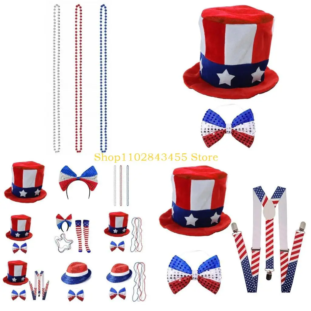 

49MC Independance Day Accessory Hat Headband Necklace Stockings Party Set for Men Women Uncle-Sam Costume for Girls
