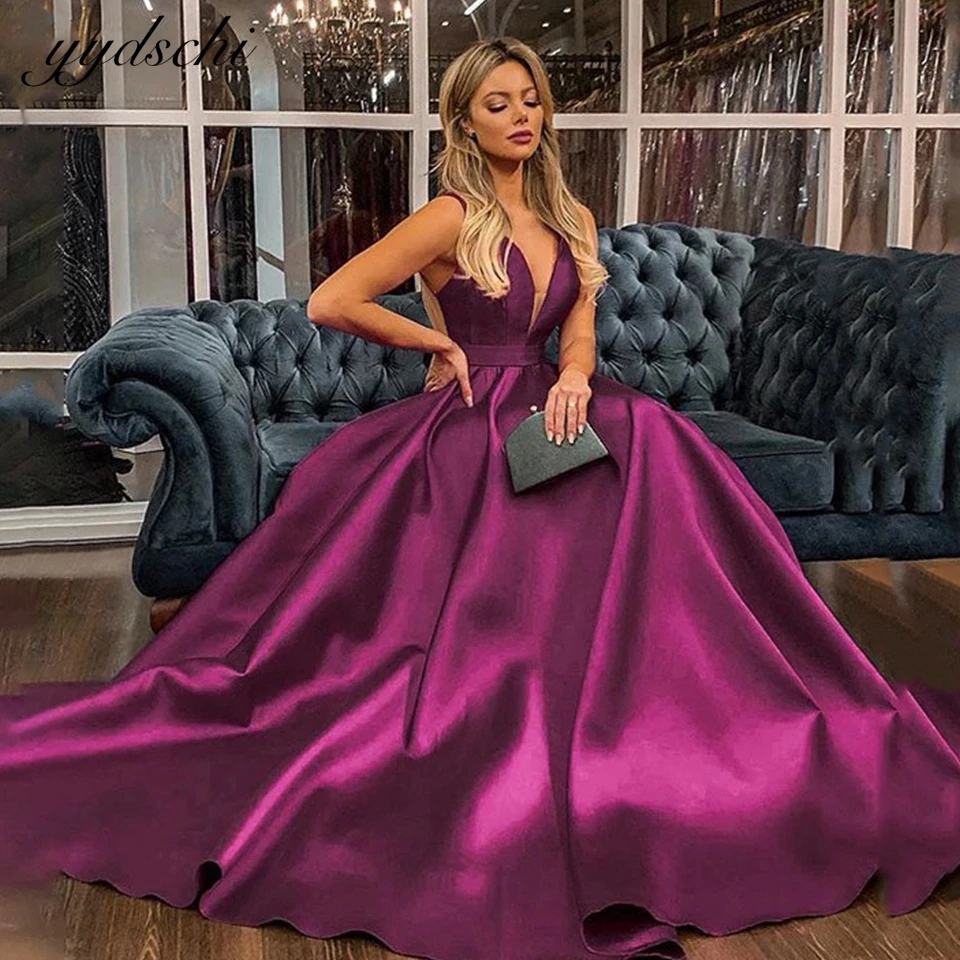 

Customized Luxury 2025 Evening Dresses Simple Purple Backless V-Neck Dress Formal Pleat Prom Dresses Long Party Gown For Women