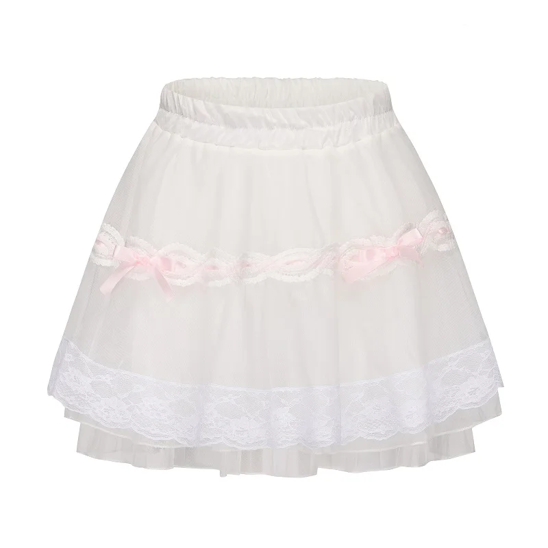 

Cute Mesh Skirts for Sweet Girls Summer Lace Trim Bows Decoration Elastic Waist Lolita Style Multilayered A-line Skirt Women