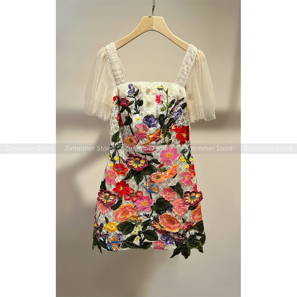 

Vietnam niche design three-dimensional flowers embroidery dress one-line collar Slim thin wide halter dresses