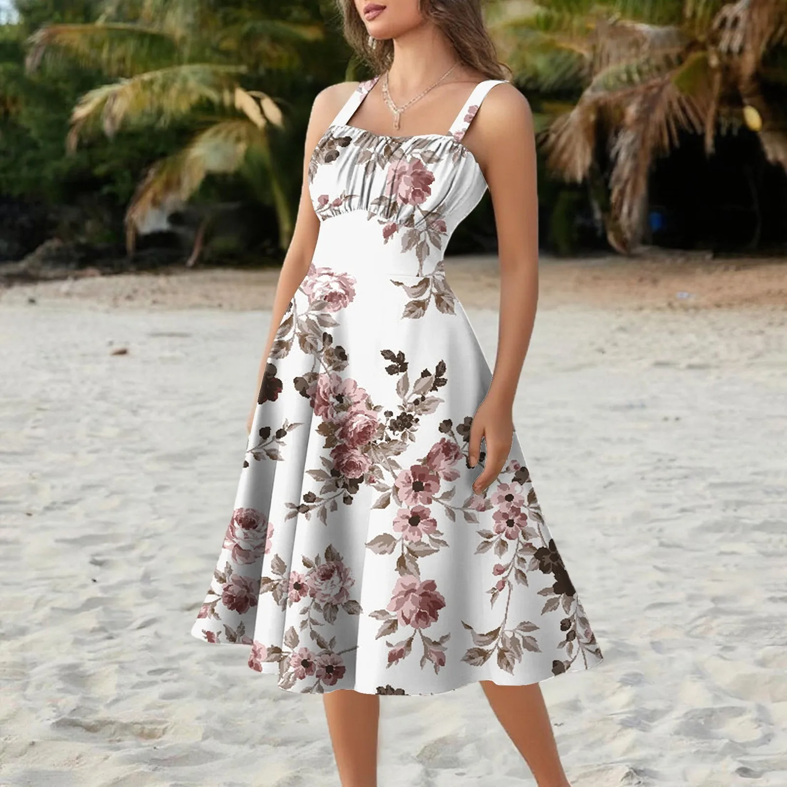 レディースヴィンテージノースリーブプリーツパッチワークキュートAラインヘム花柄プリントドレスワンピース レディース服 2025年夏