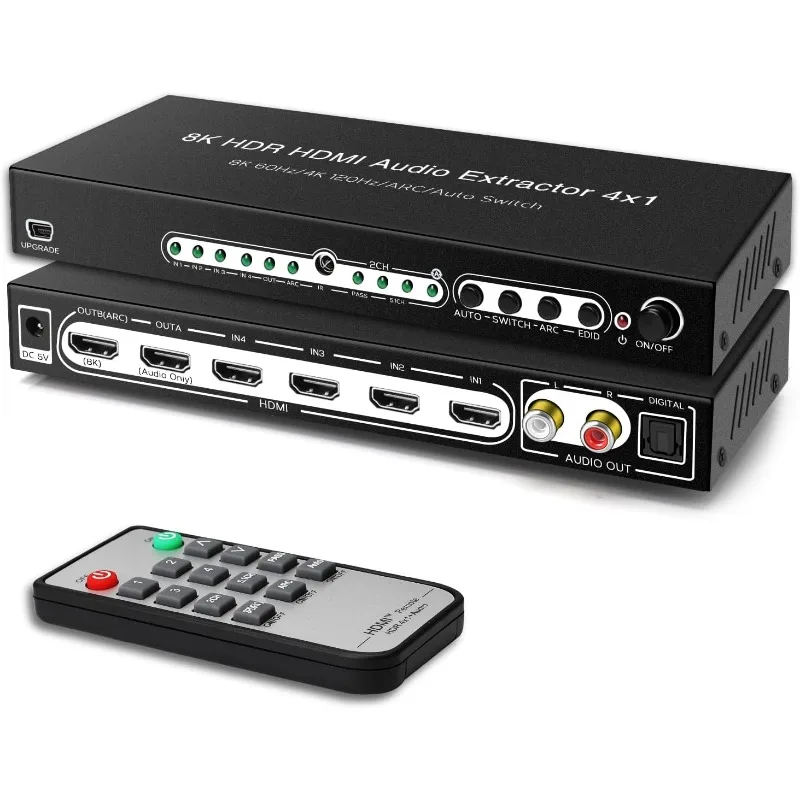 8K 60HZ HDMI Switch 4 In 1 Out with 7.1CH Audio Extractor and ARC, FERRISA HDMI 2.1 Switch Audio Converter Support