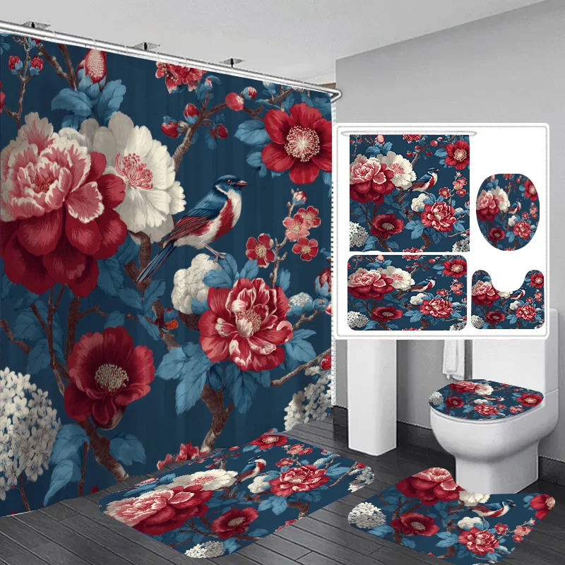 

4pcs Spring Floral Bird Print Shower Curtain Set, Ring Multi-Size Bathroom Decor Kit Includes Shower Liner, Non-Slip Mat