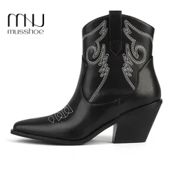 MUSSHOE Cowboy Ankle Boots For Women Vintage Sewing Black Short Boot Ladies Block High Heels Winter Party Shoes Pointed Embroide