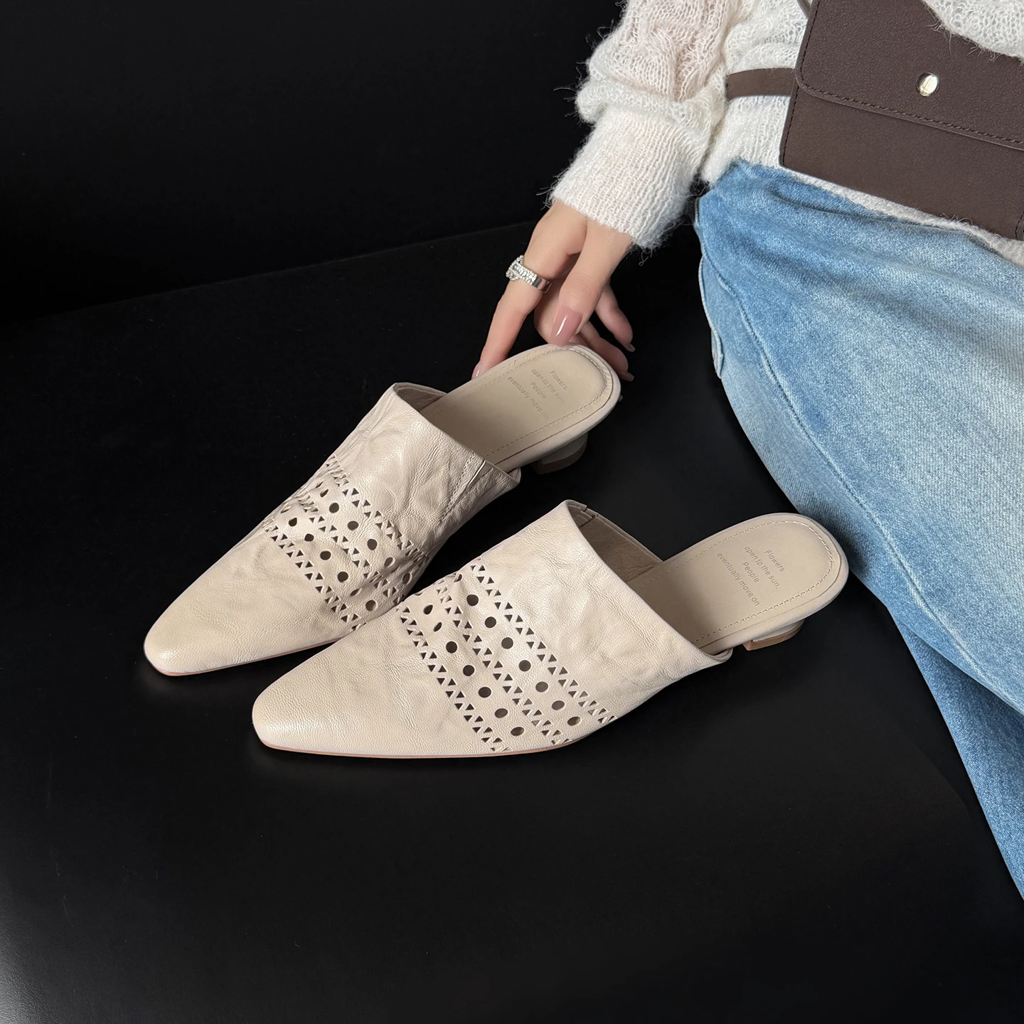 2026 new summer women sandals natural leather 22-24.5cm washed sheepskin+pigskin hollow-out mules thick heel women slippers