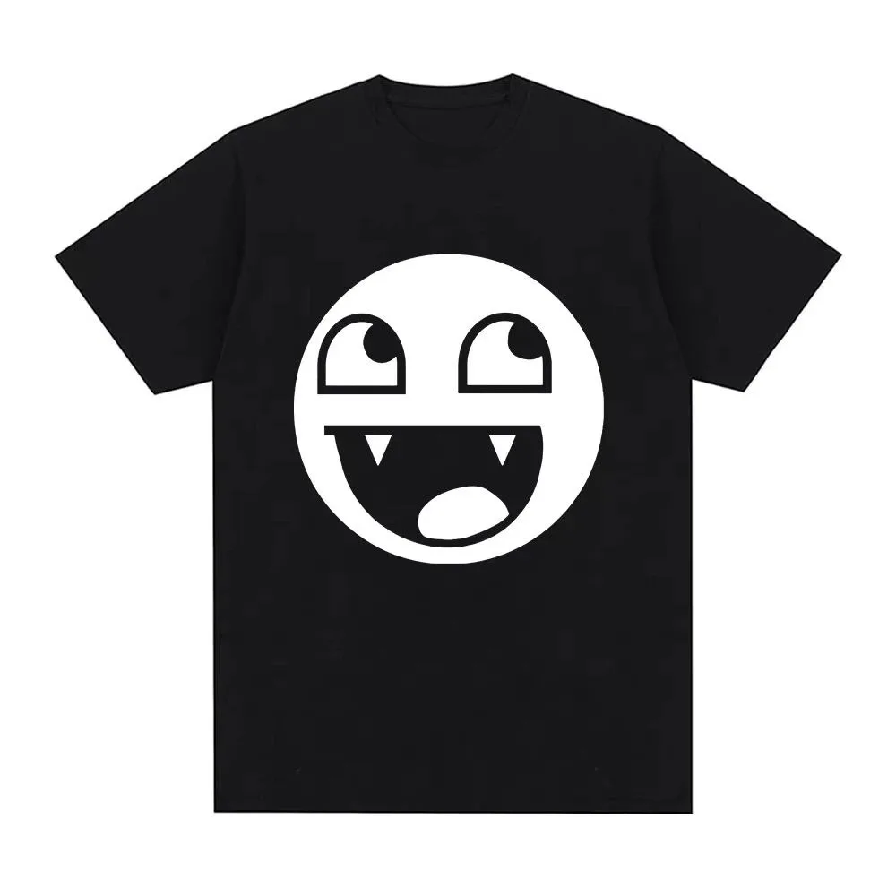 Vampire Fangs Funny Round Meme Face Graphic Print Men Black Crew Neck Short Sleeve T Shirt Y2K Streetwear Casual Cotton Tee